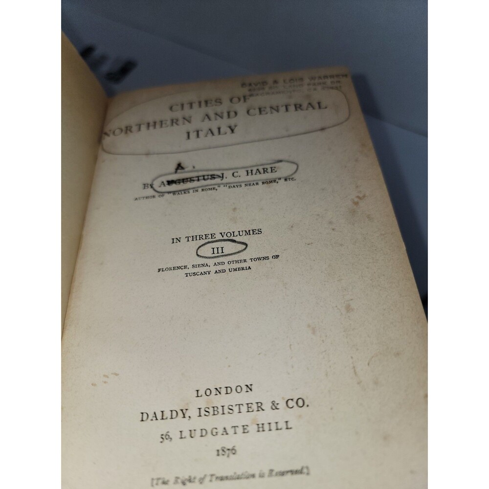 1876 Cities of Northern and Central Italy A.J.C. Hare Vol II & III Antique Book
